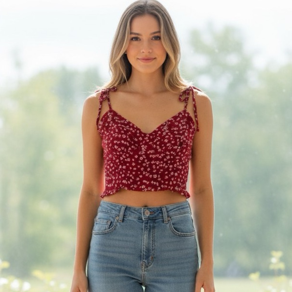 Women's Burgundy Floral Tie-Strap Crop Top